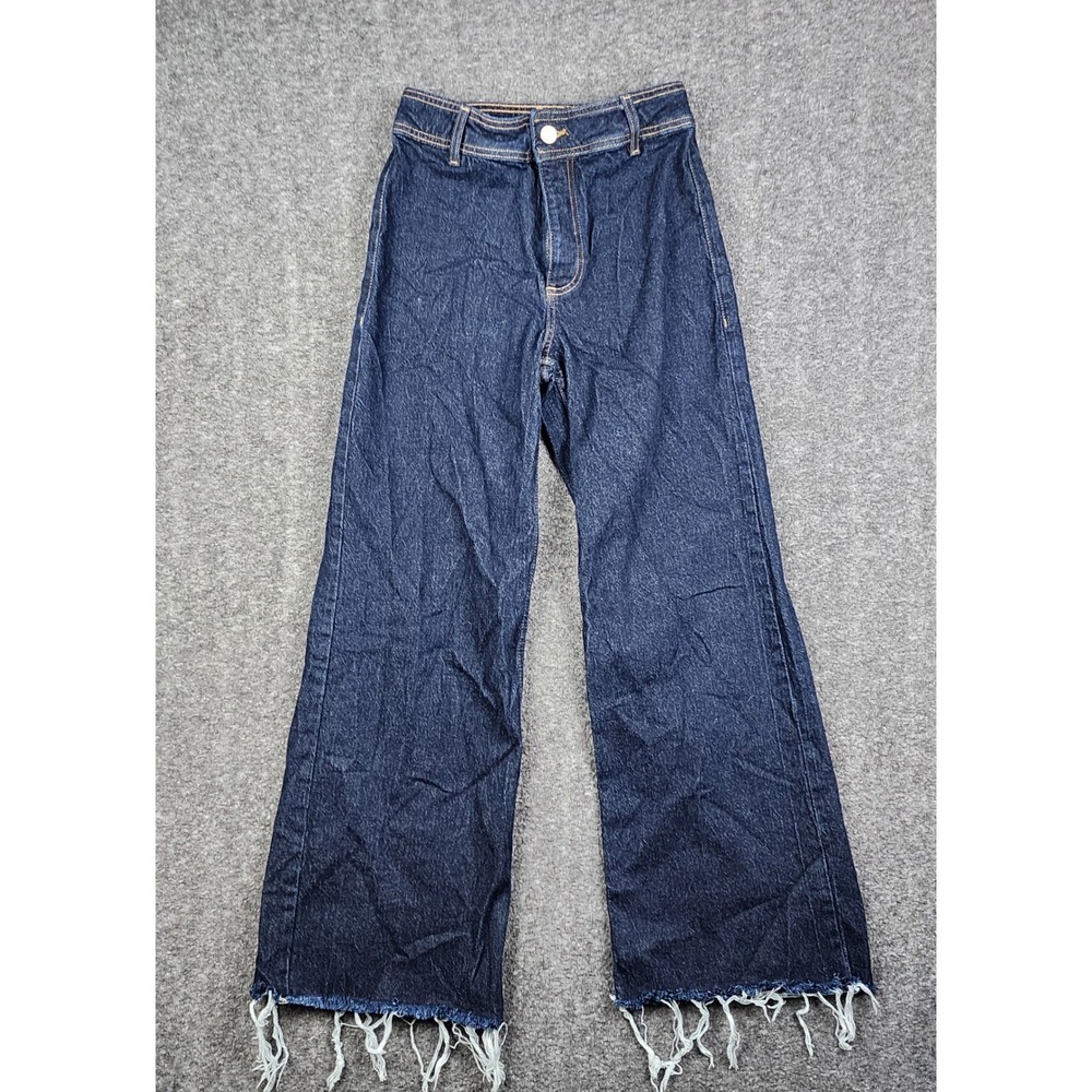MNG Catherine Wide Leg Jeans Womens 4 Blue High Rise Raw Fringe Hem Dark Wash